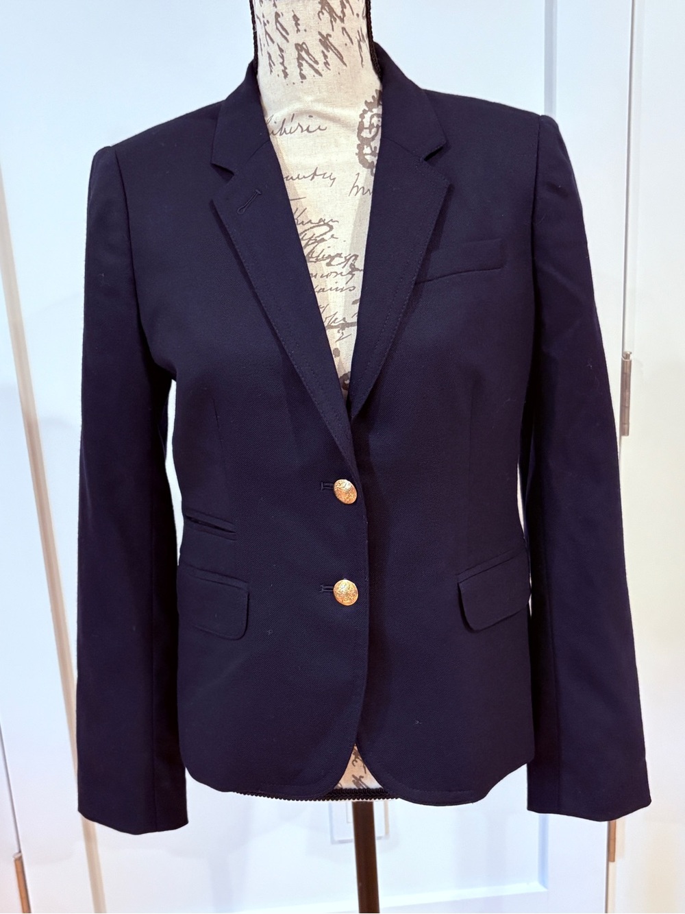 J.Crew Women's Navy Wool Blazer Size 6 Gold Crest Buttons Striped Lining